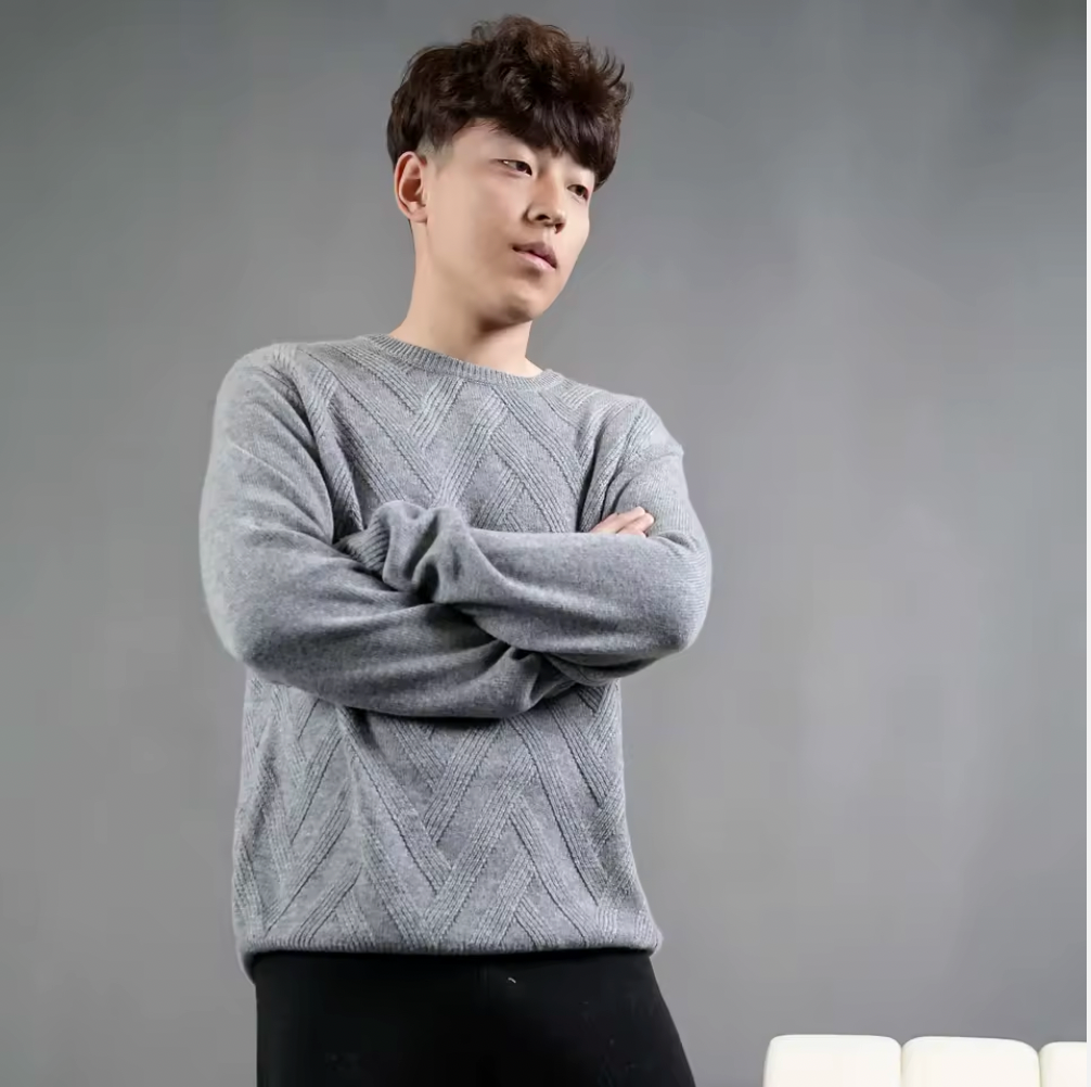Grey Cashmere Sweater with Diamond Knit Pattern