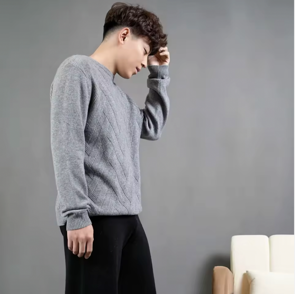 Grey Cashmere Sweater with Diamond Knit Pattern