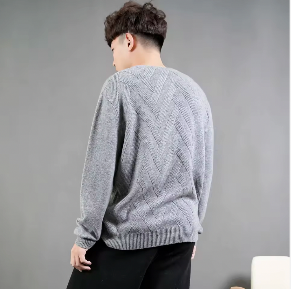 Grey Cashmere Sweater with Diamond Knit Pattern